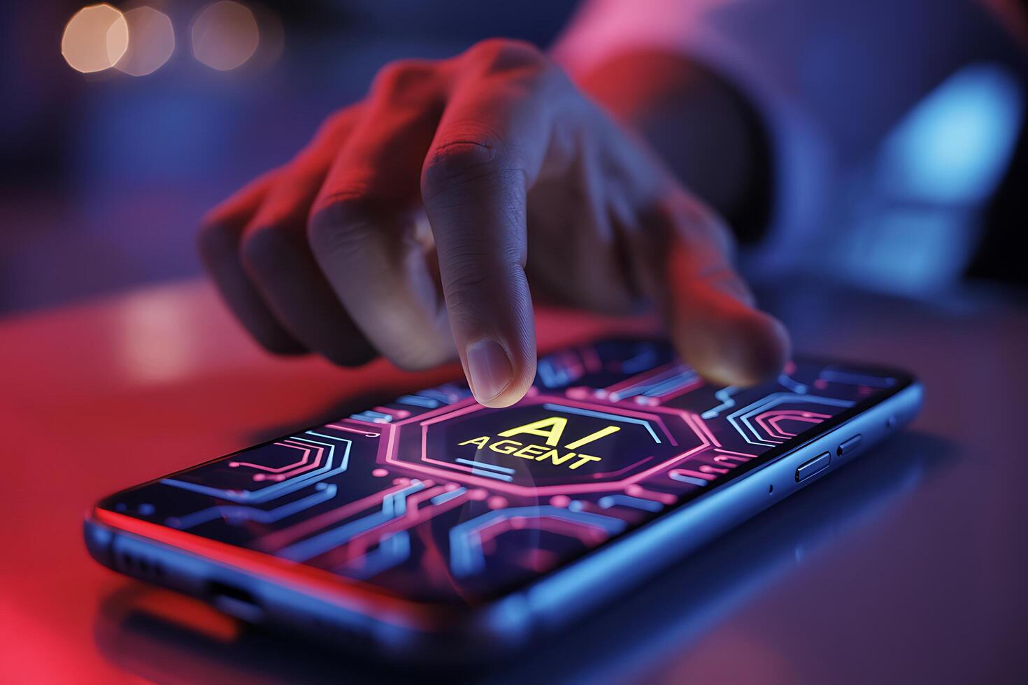 Fingertip activating AI Agent on smartphone screen futuristic technology photo