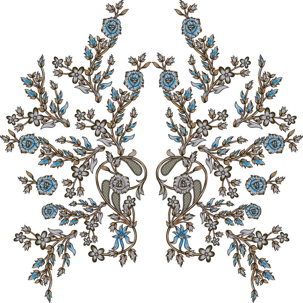 traditional mughal artwork embroidery neckline and lace border design with flowers leaves and leafs ornaments for textile vector