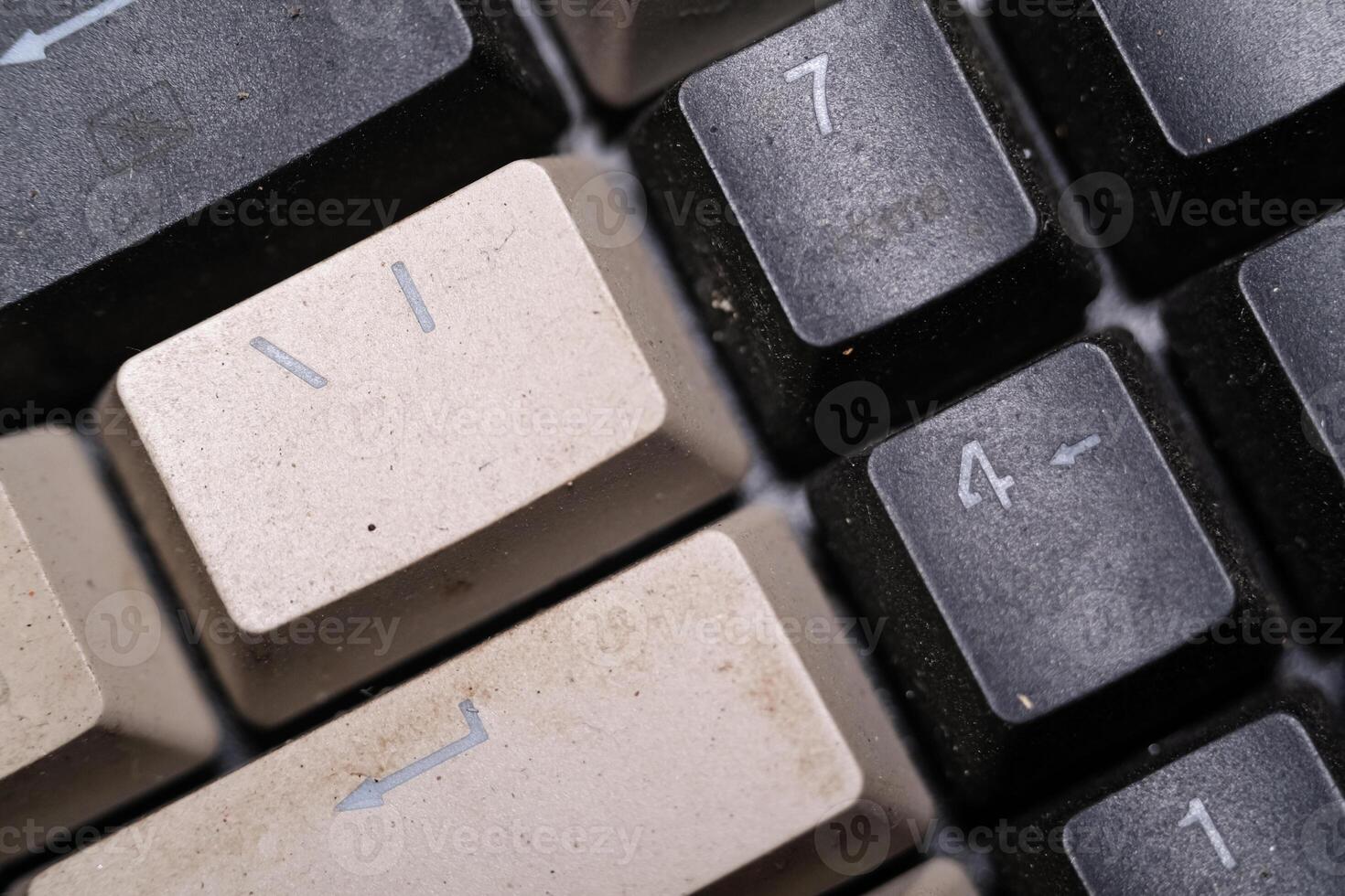 Close-up shot of square key caps in gray and black. Macro Photography of mechanical keyboard with two unique and cool colors. Dirty keycaps with dirt and crust closeup. Technology Themes photo