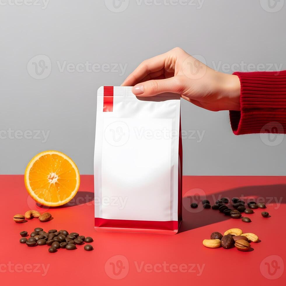 Coffee bean bag with orange and nut mix, Modern coffee bag with fresh orange and nut, a refreshing blend photo