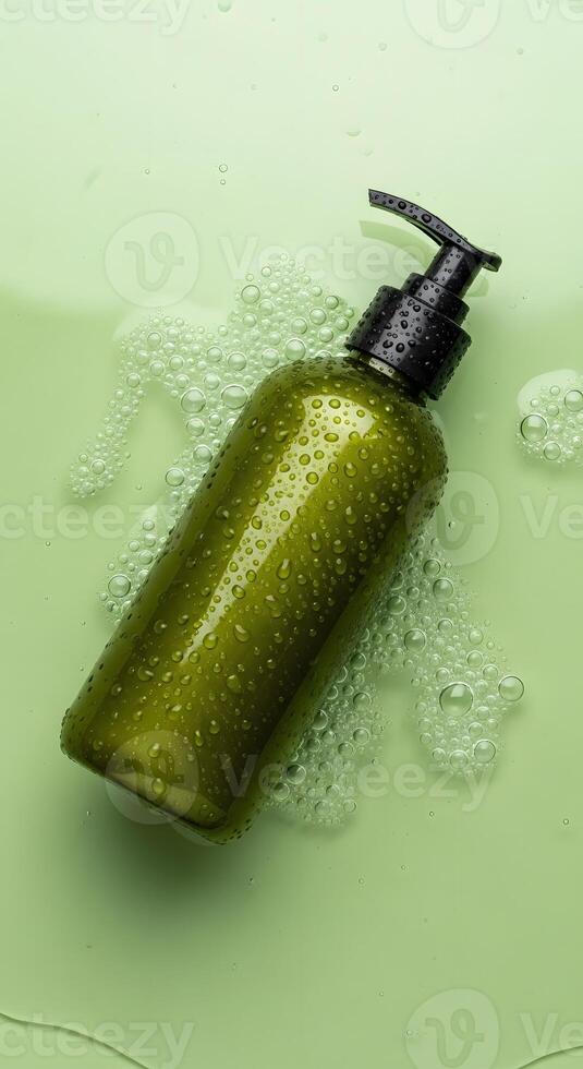 An Olive Green Liquid Soap Dispenser Surrounded by Bubbles, Olive Green Soap Dispenser with Black Pump in Liquid with Droplets and Bubbles photo