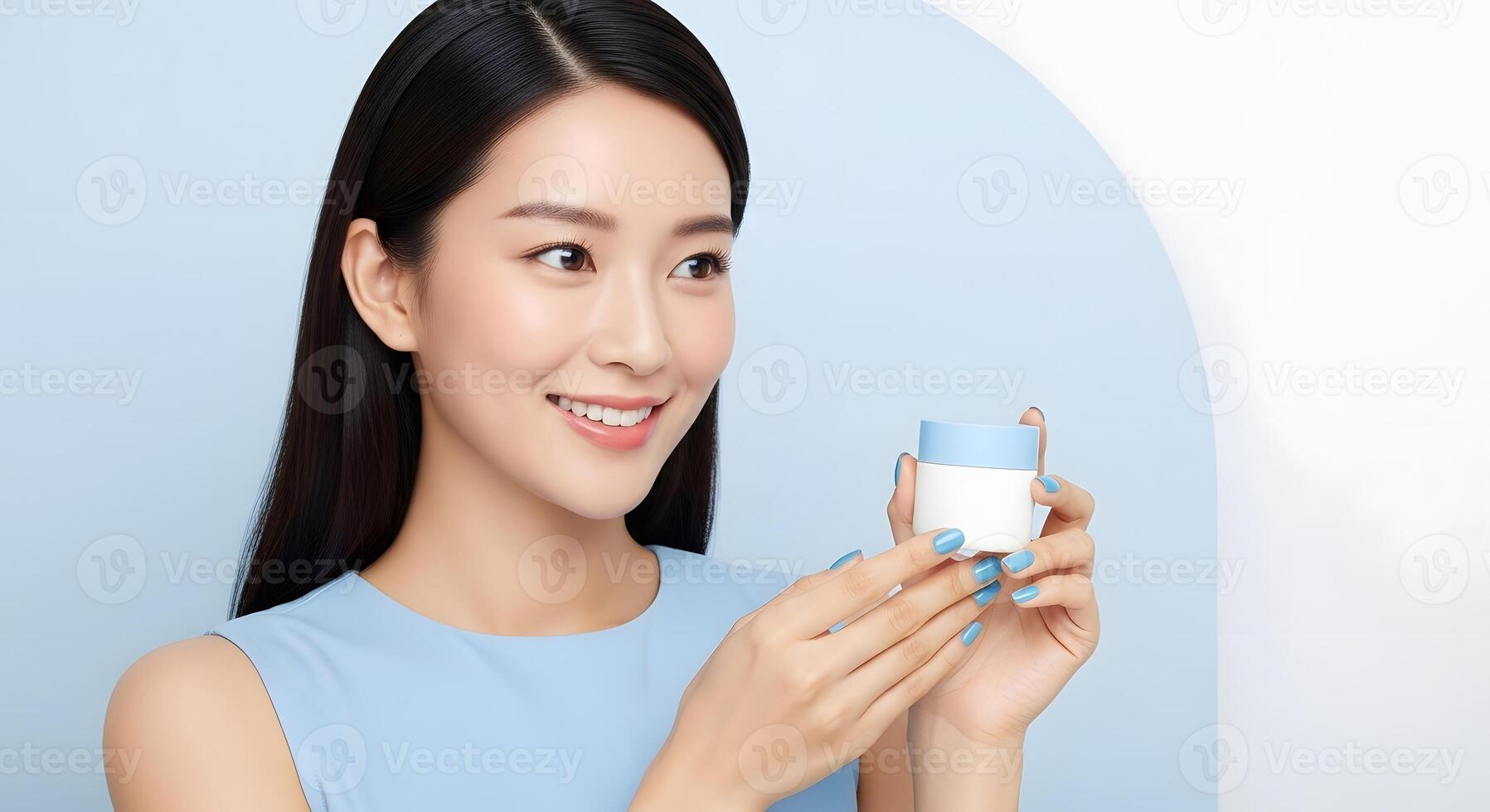 Radiant Asian Woman Promotes Skincare Beauty, Clean Beauty Product Showcase with Light Blue Palette and Elegant Asian Woman Model, Emphasizing Natural Beauty photo