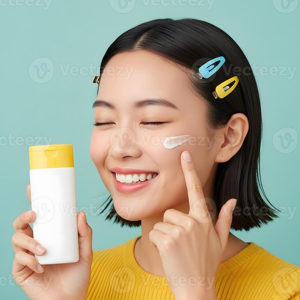 Cheerful Asian Woman Applying Cream, Vibrant Beauty with Yellow and Blue Accessories, Skin Care Bliss and Radiance in Studio Setting photo