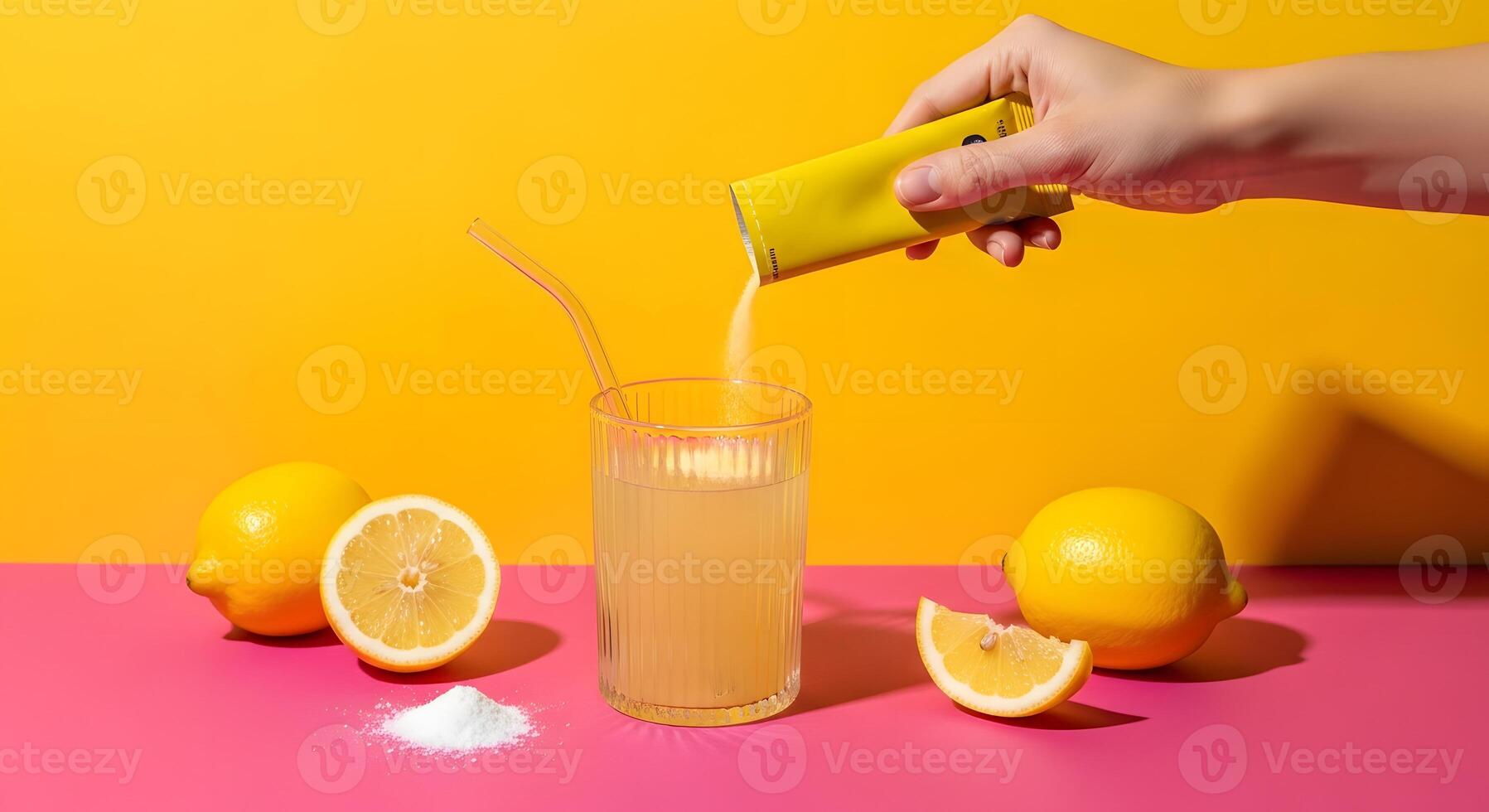 A Burst of Citrus Vibrant Lemonade Preparation with a Golden Backdrop, Zesty Lemonade Creation Hand Pouring Packet into Glass on a Cheerful Yellow and Pink Scene photo