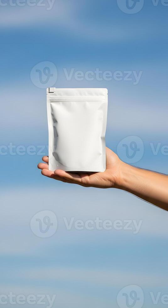 Hand holding a white product bag in front of a blue sky, Mockup of a blank package presented by a person against an airy backdrop photo