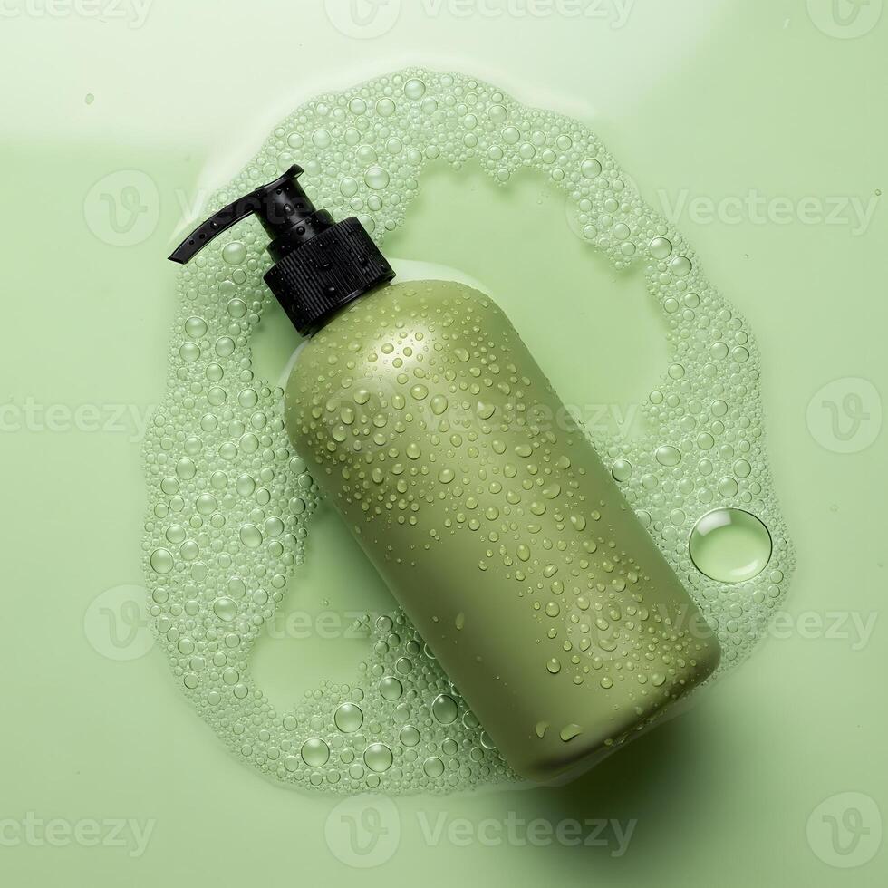 Green Shampoo Bottle in Bubbles, Product Still Life with Soapy Backdrop photo