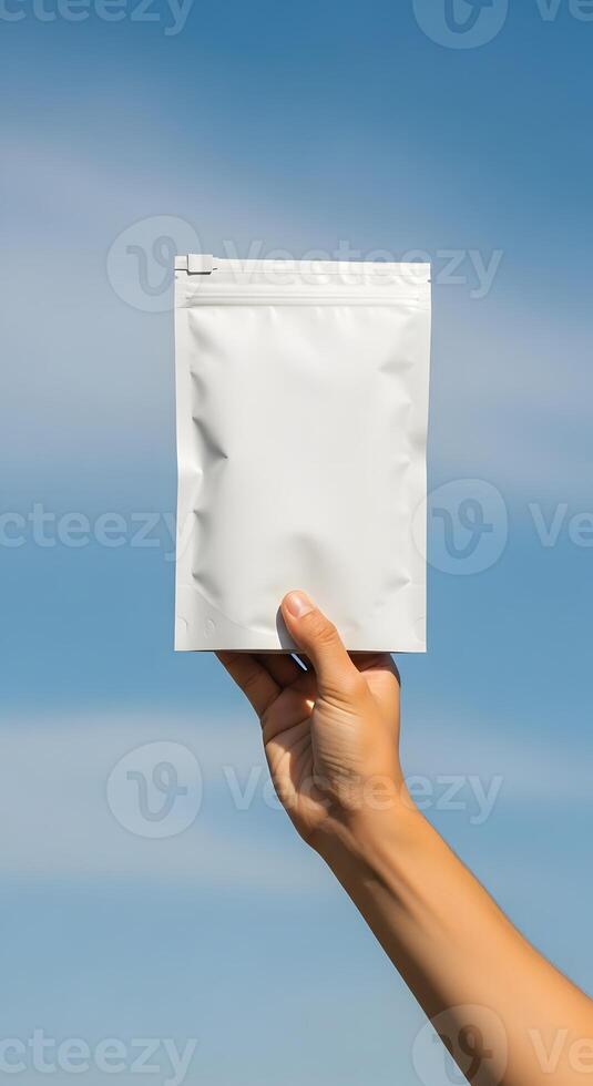 Hand holding a blank white pouch against a clear blue sky, a clean slate for your brand design, Minimalist mockup of a sealed bag in front of azure, perfect for packaging visuals photo
