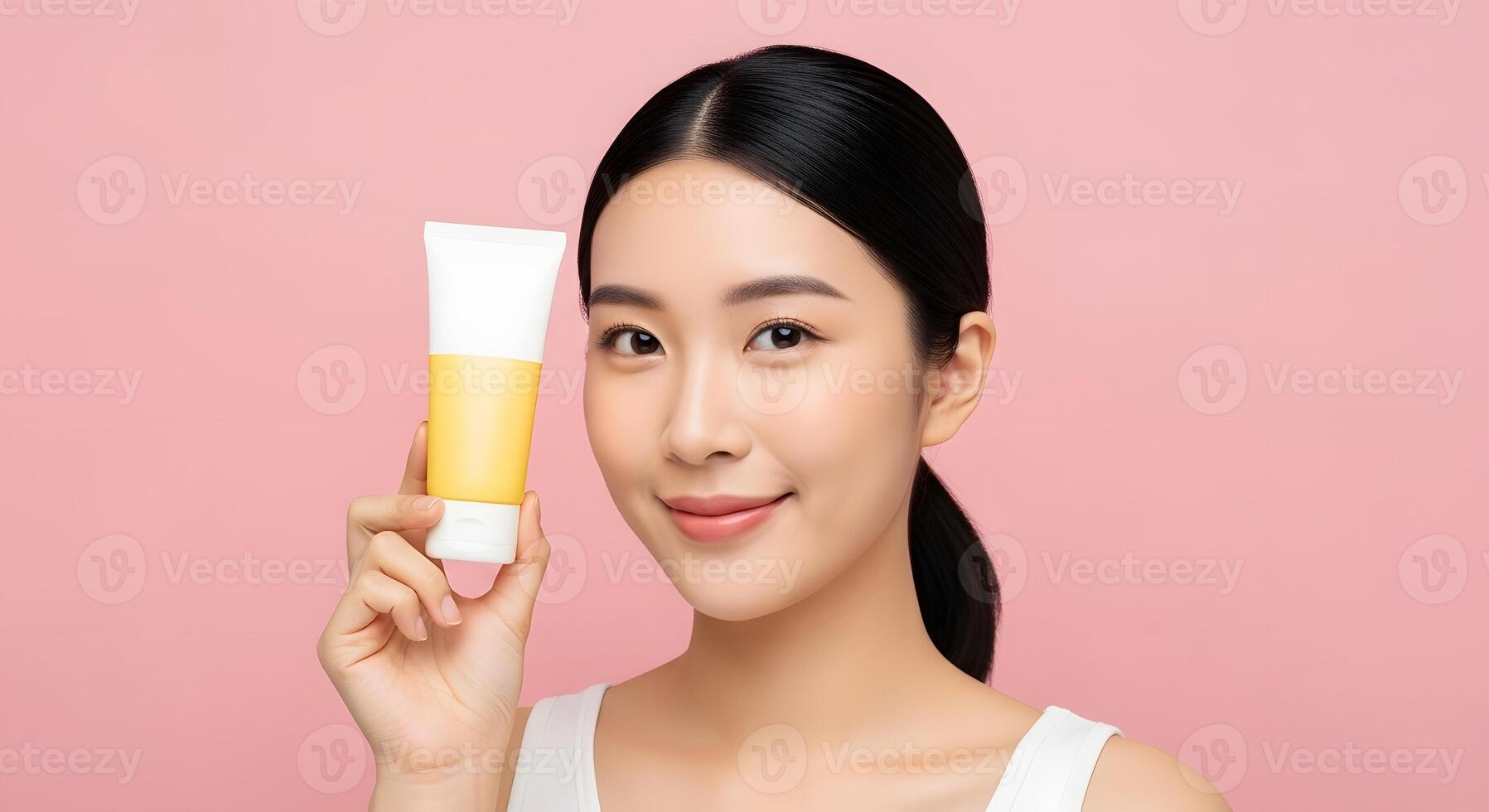 Asian woman showcasing skincare product for radiant complexion, Beauty influencer promoting effective skincare routine photo