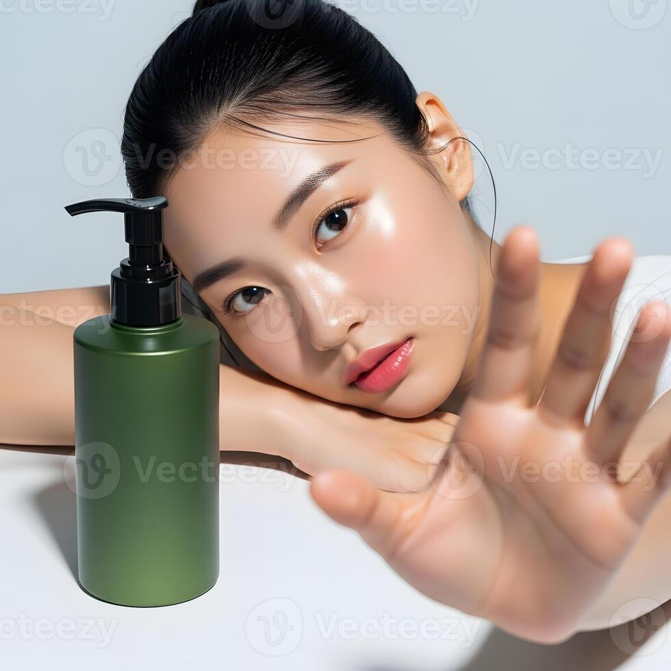 Asian Woman Promoting Skincare Product, A Stylish Model Showcasing a Green Bottle of Beauty Serum photo