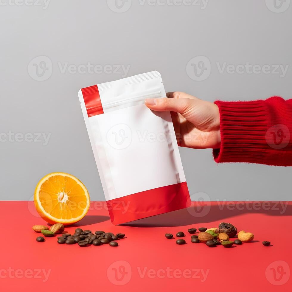 Elegant Coffee Bean Packaging with a Touch of Citrus, High-Quality Mockup Featuring Product in Hand and an Array of Flavor Accents photo
