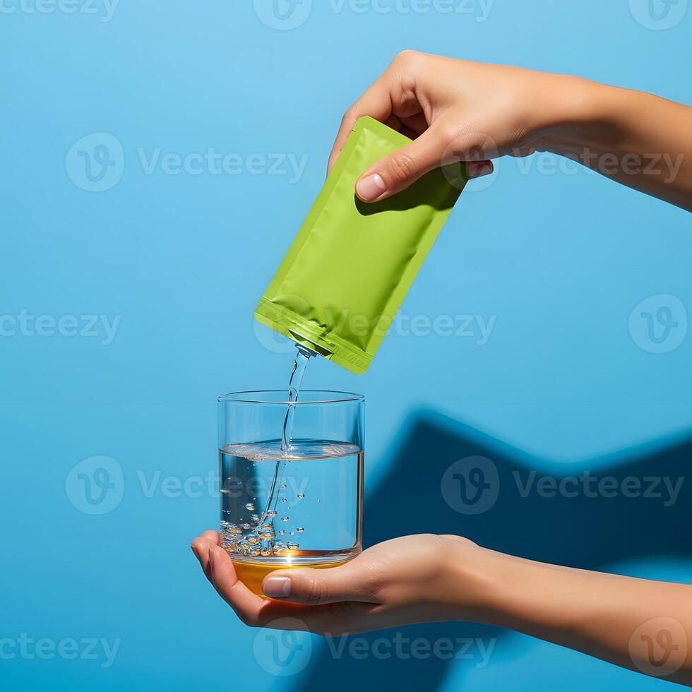 Hydration on a bright blue day a green sachet being poured into water, Stay refreshed A close-up of a hand pouring a green powder mix into a glass of clear water photo