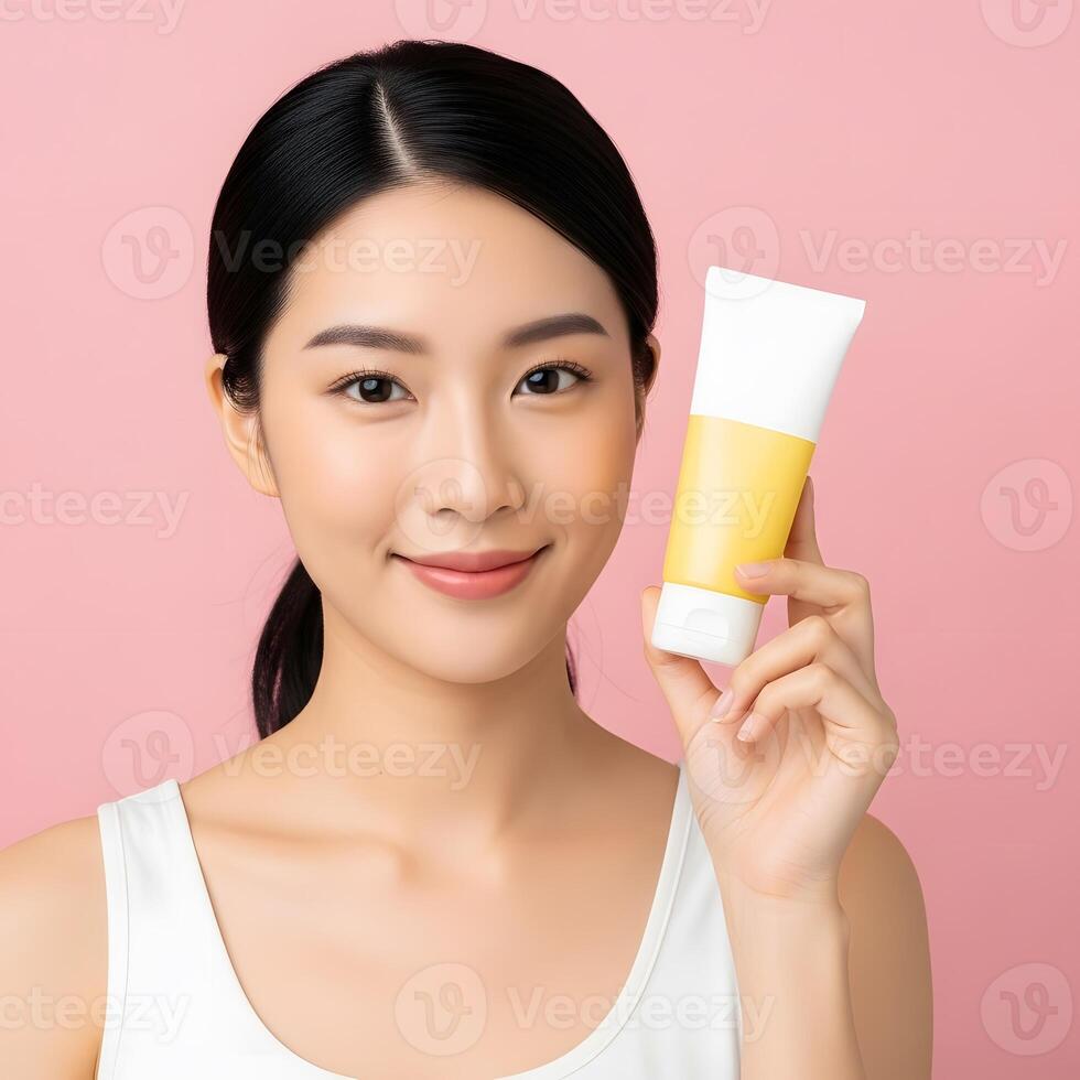 Young Asian Woman Presenting Sunscreen with Pink Background, Natural Smiling Beauty Showing Skincare Product photo