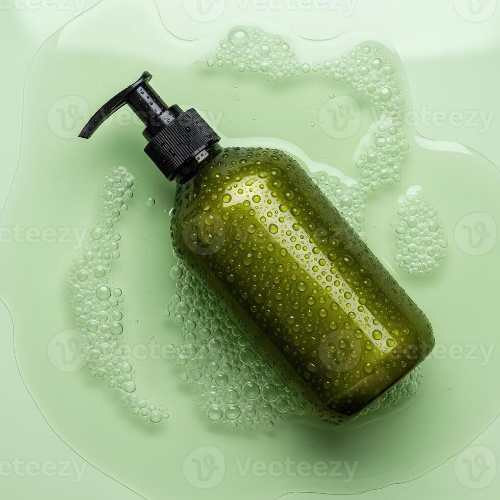 Elevated Still Life of Olive Green Soap Bottle and Water Droplets, Green Bottle with Black Pump Surrounded by Bubbles, A Mockup for Spa, Personal Care, or Bathroom Products photo