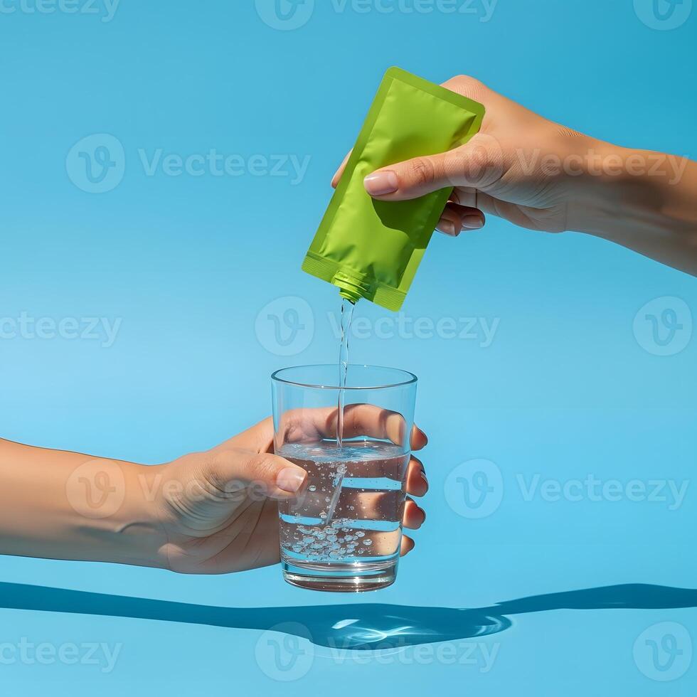 Pouring a Supplement Pack into Water, Promoting Hydration and Wellness on Bright Background, Supplementing Wellness with a Hydration Ritual Captured in a Studio Shot photo