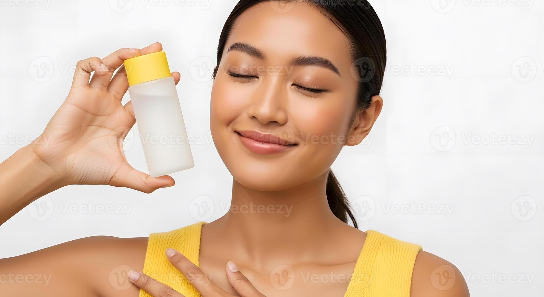 Radiant Woman Showcasing a Skincare Product with Joyful Expression, Serene Asian Model Promoting Beauty and Wellness with Gentle Grace photo