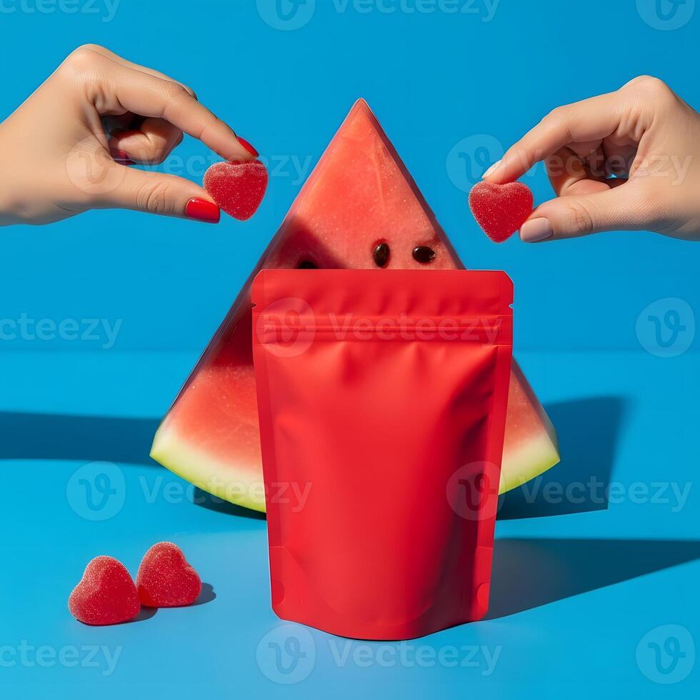 Delicious watermelon-flavored gummy candies and a vibrant red pouch on a bright blue background, Summery arrangement of watermelon slices, red gummy hearts, and a vibrant pouch photo