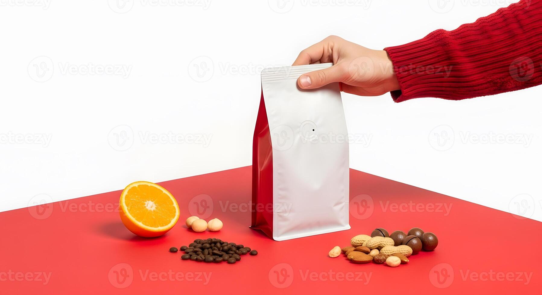 Coffee packaging presentation with coffee beans and orange slice on red table top, Coffee bag mockup held by hand with red knitted sweater sleeve photo