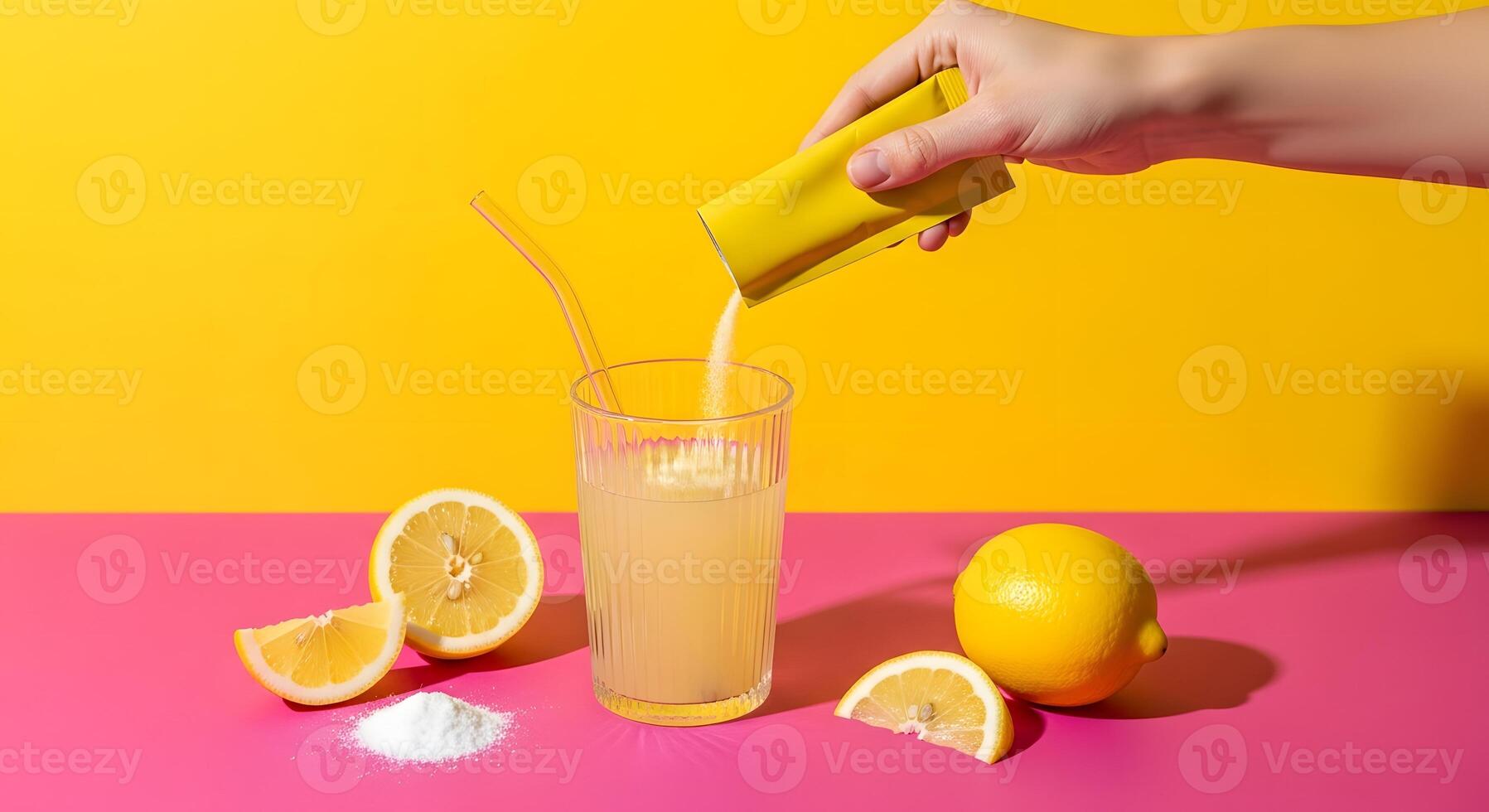 Refreshing Lemonade Powder Being Added to Glass,Bright Yellow and Pink Setting with Fresh Lemons, Simple Lemonade Preparation Still Life Scene in Vivid Colors photo