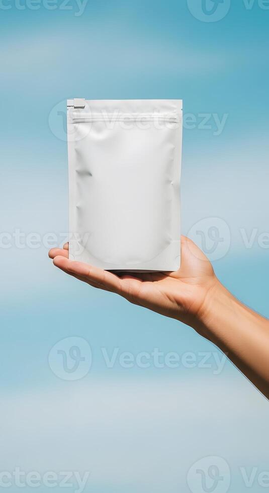 White pouch in hand against clear blue sky, Food packaging pouch mockup held by hand against bright sky backdrop photo