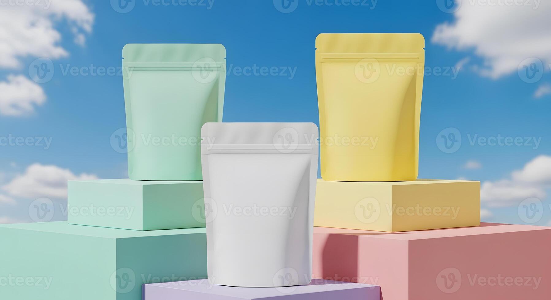 Vibrant Stand-Up Pouch Mockup Against a Blue Sky, Colorful Matte Packaging Design on Geometric Pedestals photo