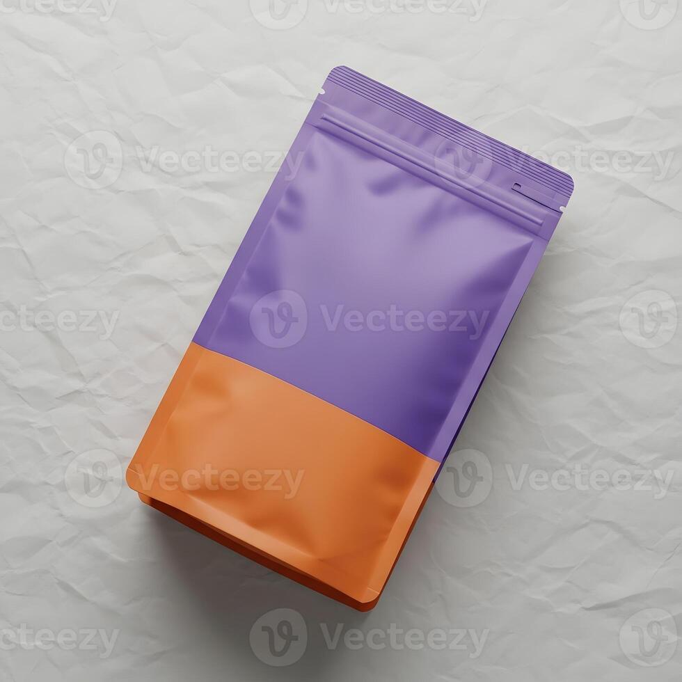 Two-tone Packaging Pouch on Crumpled Paper, Modern Product Presentation, Sleek Stand-Up Pouch Design with Zipper photo