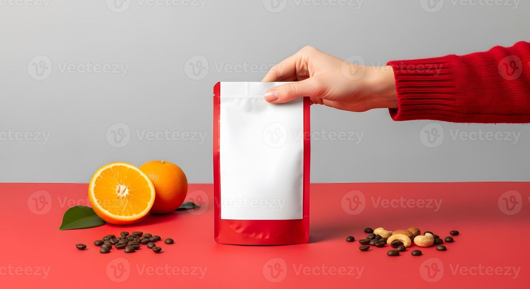 Red Coffee Package with Orange and Nuts on Red Tabletop, Product Mockup with Fresh Citrus and Raw Ingredients photo
