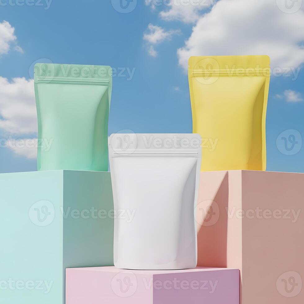 Colorful Packaging Against a Sky Background, Creative Product Mockups for Branding and Presentation photo
