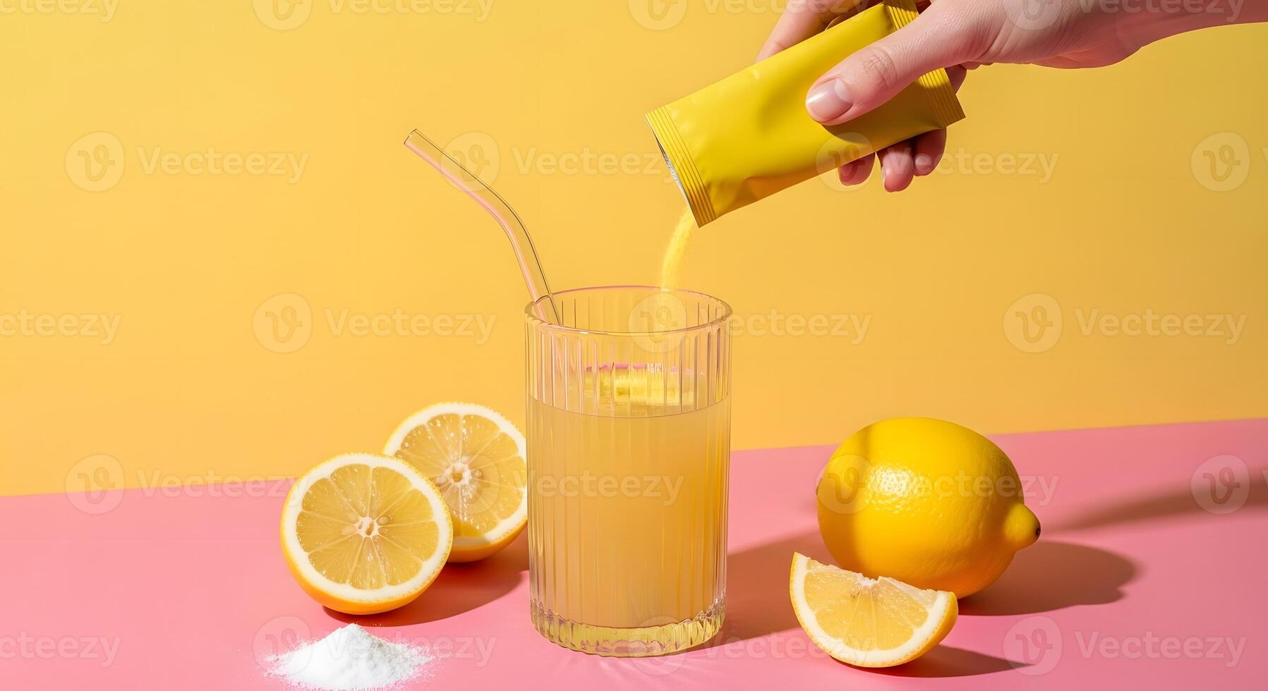 Refreshing Lemonade Preparation with Citrus Fruits and a Glass Straw, Hand Pouring Lemon Flavoring into a Brightly Lit Beverage photo