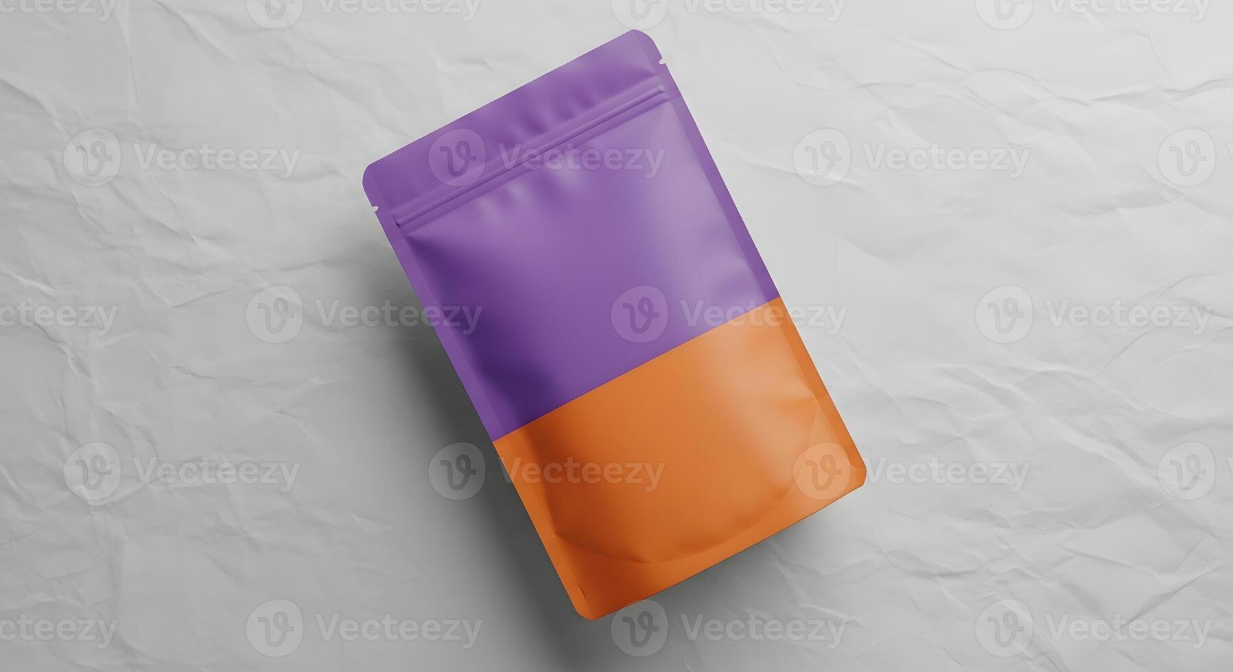 Two-tone stand-up pouch on wrinkled background, Packaging mockup for branding design presentation, Flat lay product shot with purple and orange pouch bag photo