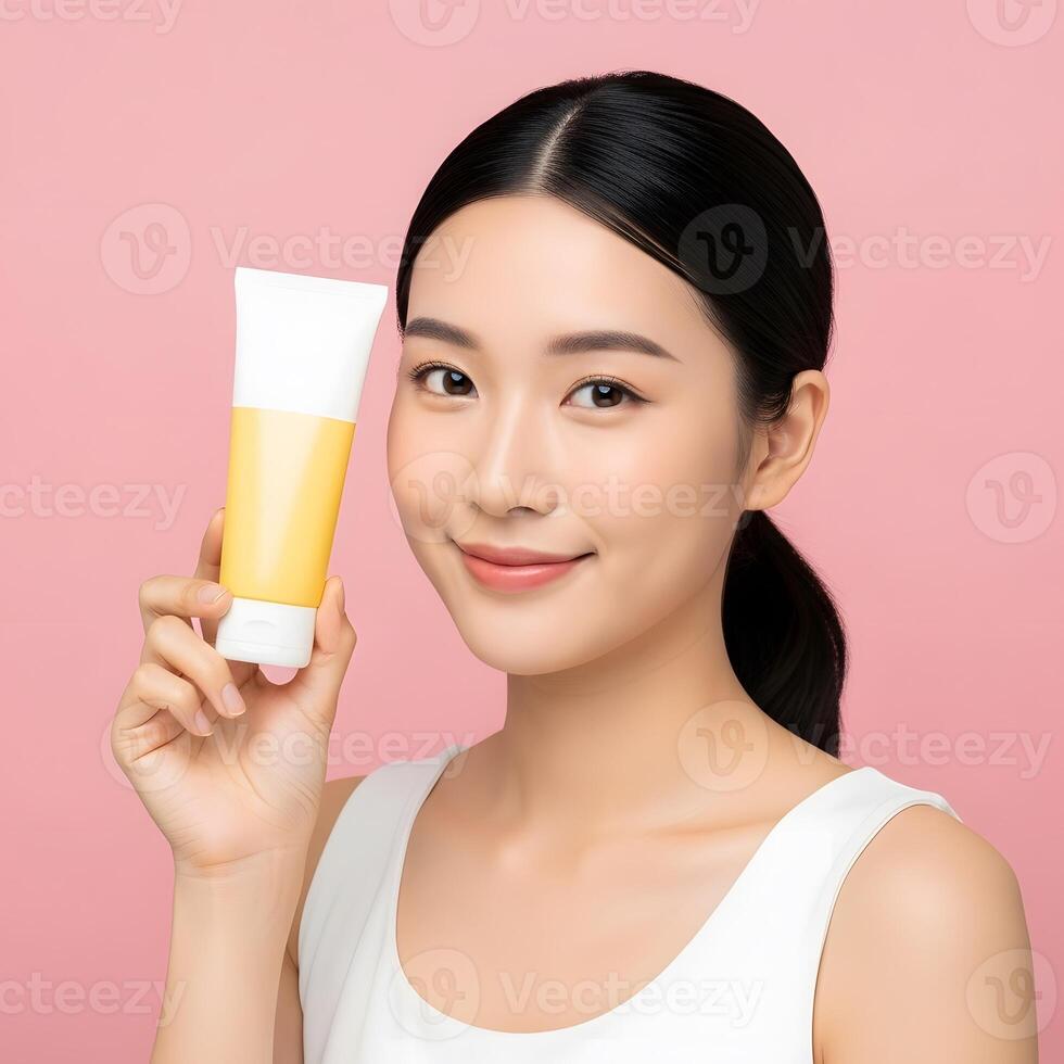 Radiant Asian Woman Promotes Skincare Product With Graceful Smile, Serene Model Showcases Yellow and White Tube Against Soft Pink Backdrop photo