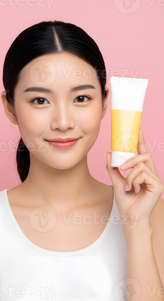 Radiant Asian Woman Showcasing Skincare Product, The Beauty of Natural Skincare for Women with a Fresh Face photo