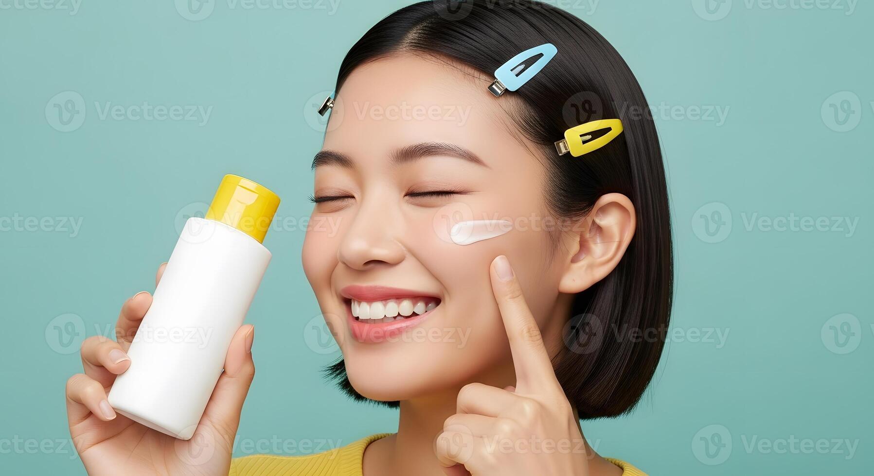 Radiant skincare Smiling woman applying cream, Asian model with moisturizing cream, and youthful glow,A healthy, happy woman with glowing skin showing the proper care and beauty regime photo