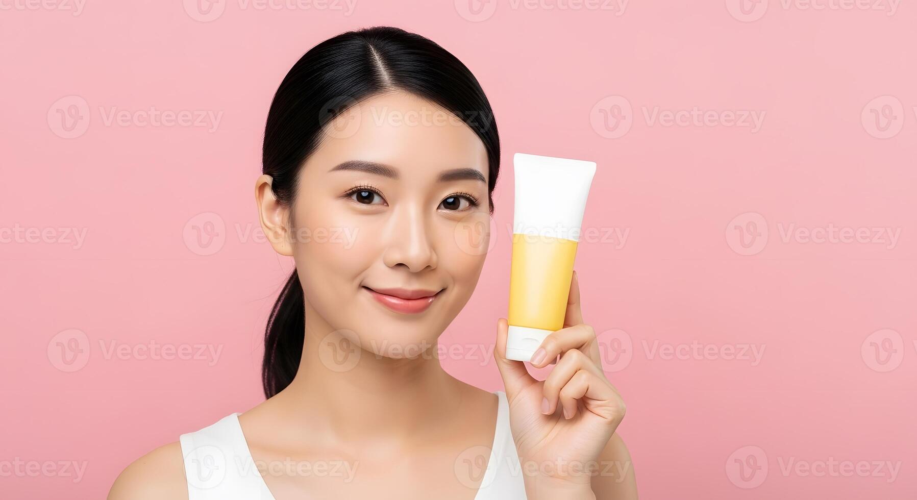 Beautiful Asian Woman Presenting Skincare Product in Studio, Asian Beauty Holding Tube of Cream Against Pink Backdrop photo