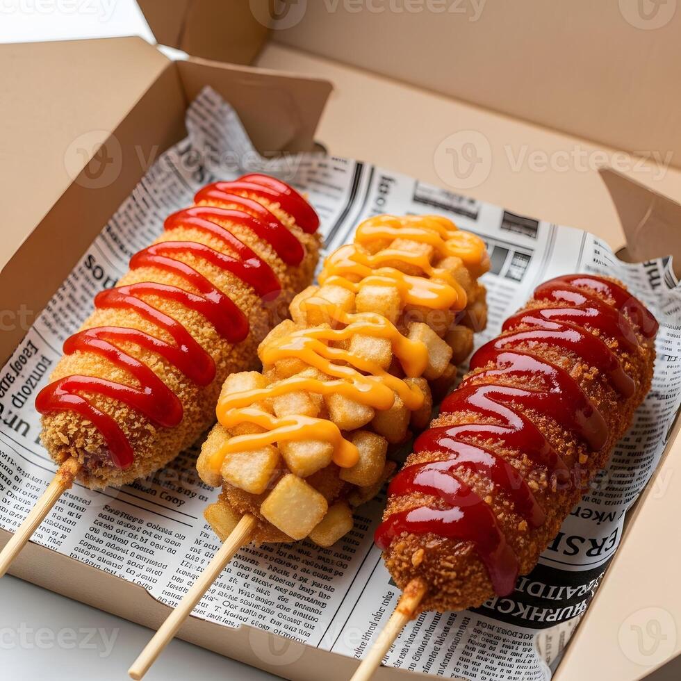Three cheese corn dogs with sauces photo