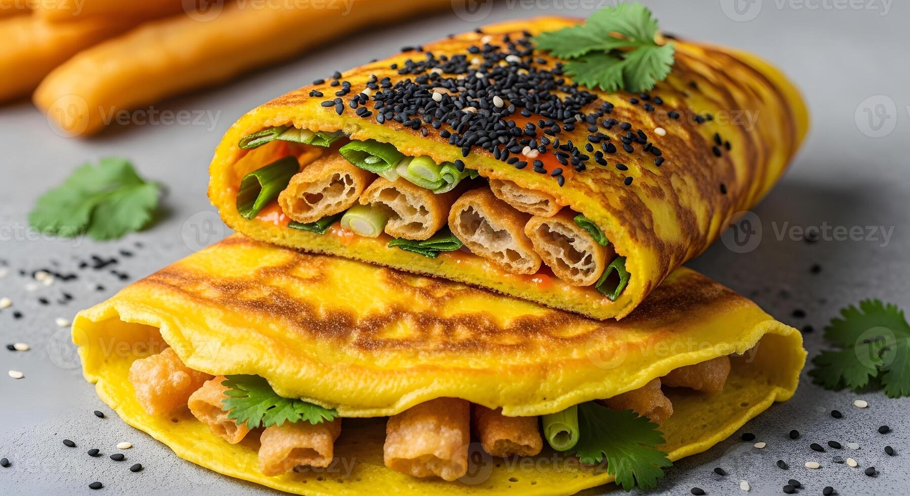 Rolled Egg Crepes with Fried Dough and Fresh Greens, Stacked High on a Grey Tabletop, Flavorful Asian-Inspired Egg Rolls Stuffed with Green Onions and Fresh Cilantro photo
