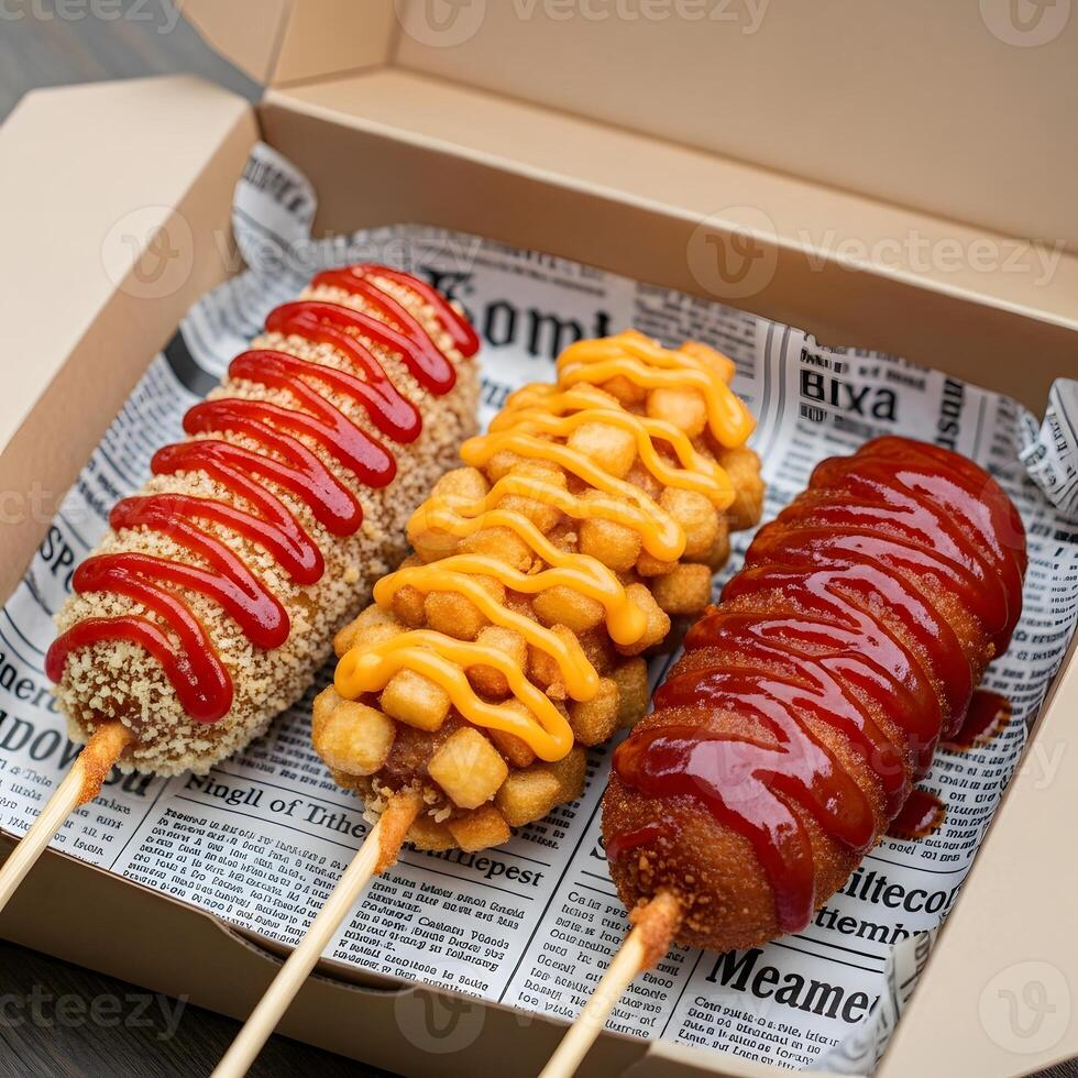 Korean corn dogs with ketchup, cheese, and sweet chili sauces, A delicious and visually appealing Korean street food assortment in a takeout box photo
