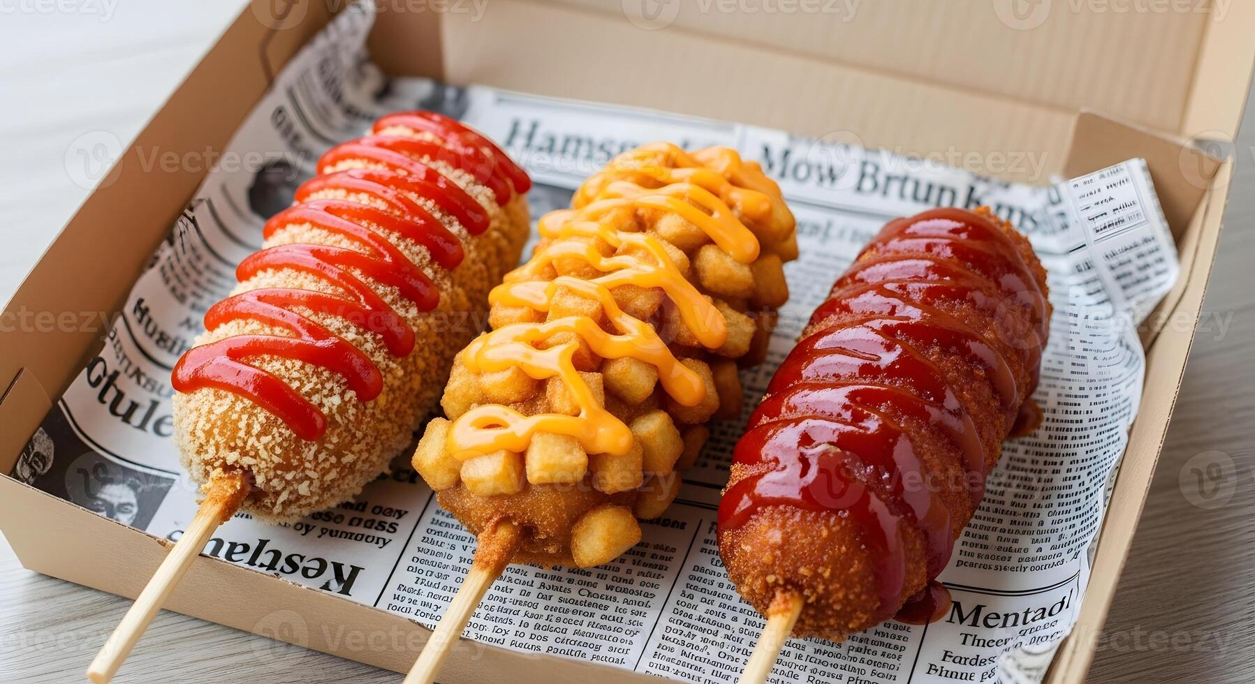 Korean corn dogs with toppings, featuring unique waffle fry and breadcrumb coatings, placed in a takeout box, Korean street food corn dogs with cheese sauce, ketchup, and various textures photo
