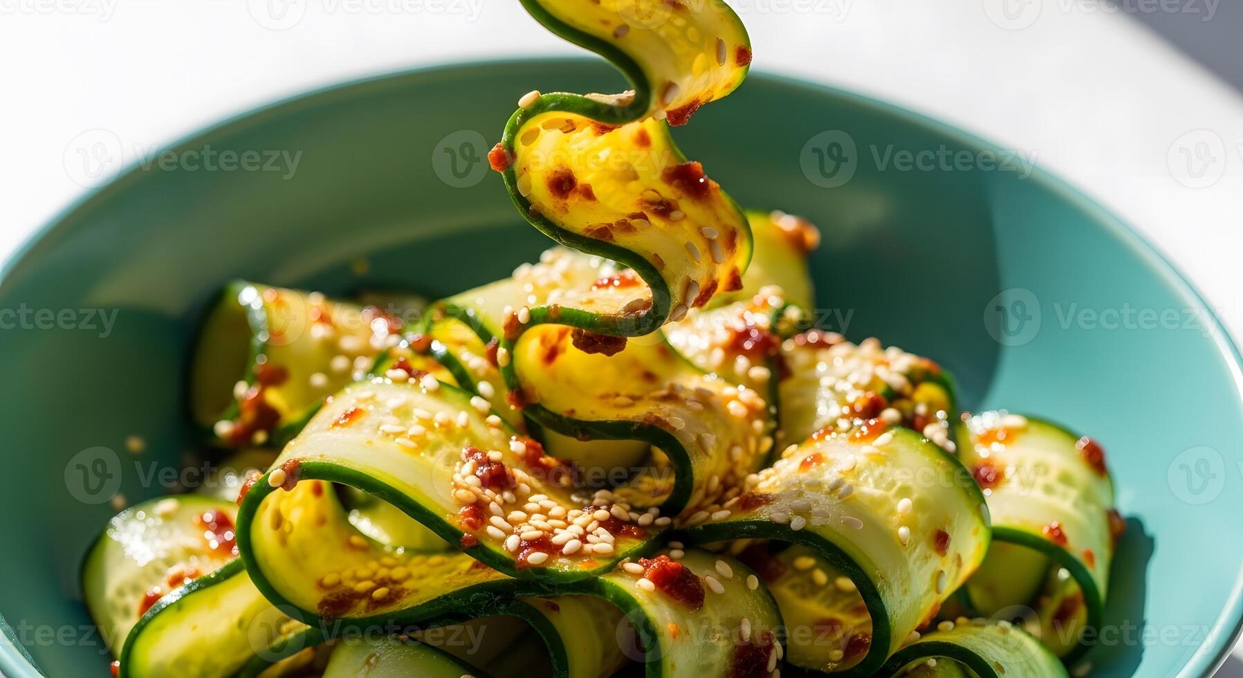 Spiraled Cucumber Salad with Sesame Seeds and Chili Flakes on Blue Plate, Delicious and Refreshing Korean Cucumber Salad with Spicy Dressing and Sesame Seed Garnish photo