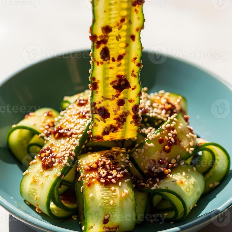 Cucumber Salad with Chili Oil and Sesame Seeds in a Teal Bowl, Light and Airy Korean Style Cucumber Salad with Spicy Gochujang photo