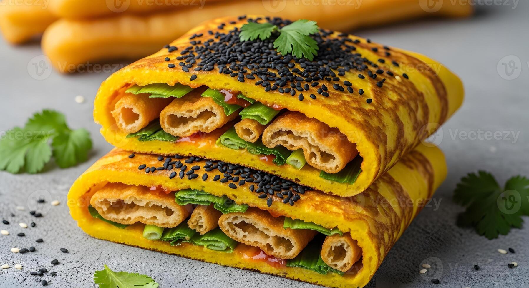 Jianbing Crepe Stack with Black Sesame Seeds, Authentic Chinese Street Food Delight, Savory Jianbing Topped with Fried Dough Sticks and Fresh Herbs photo