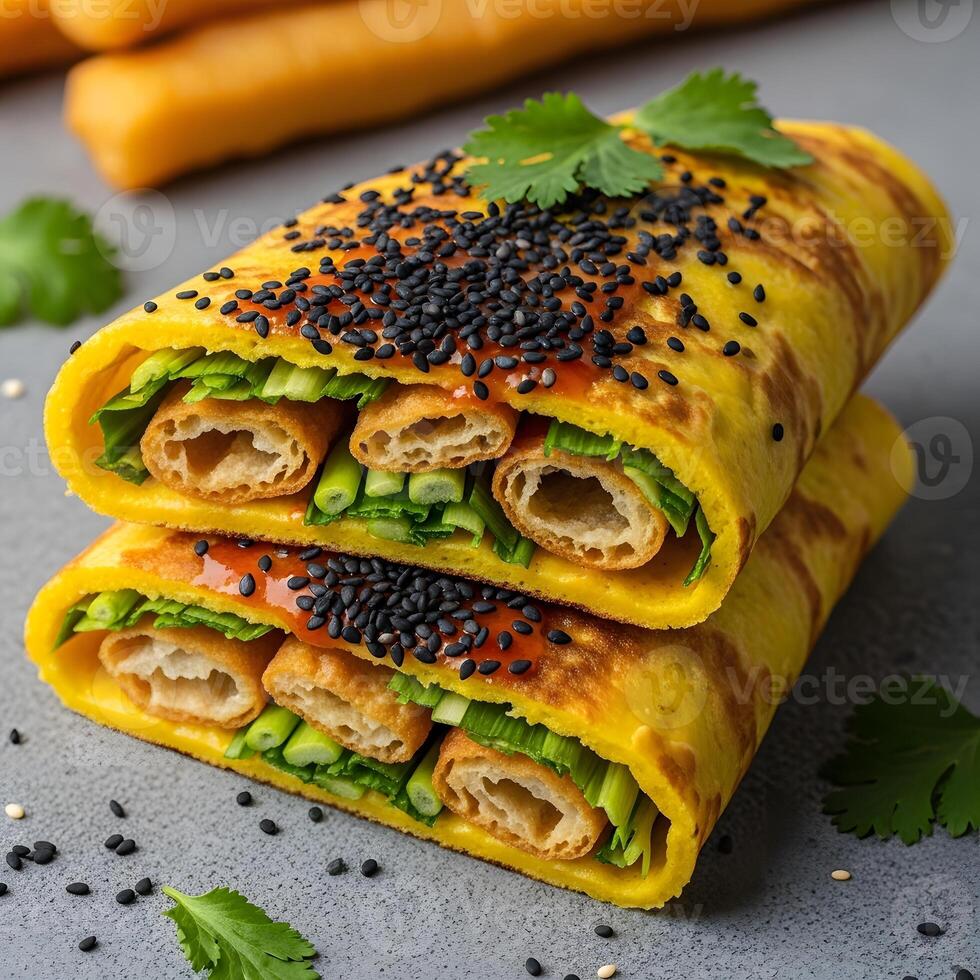 Scallion pancakes garnished with sesame seeds photo