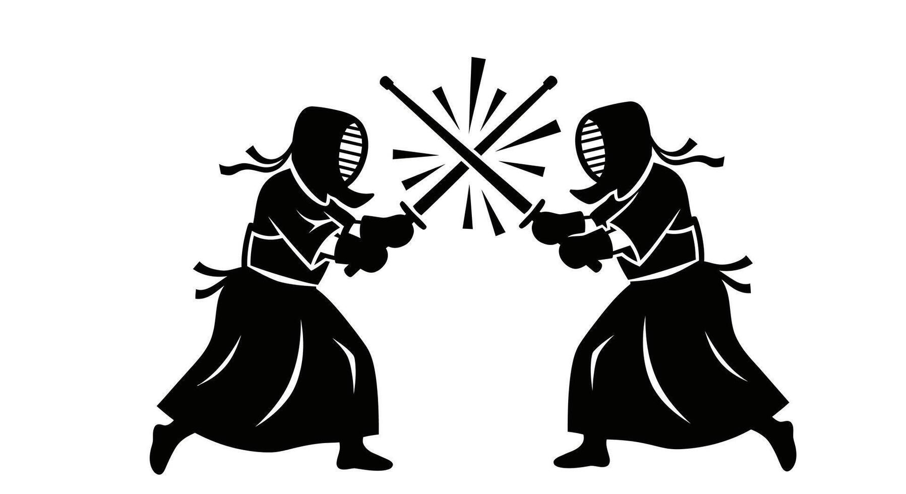 Kendo Fight with Martial Arts Duel, and Black Silhouette. vector