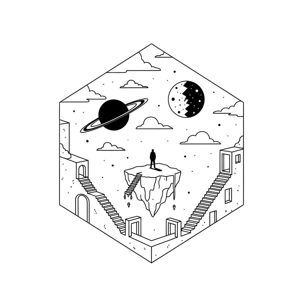 Surreal Space Landscape with Floating Island. vector