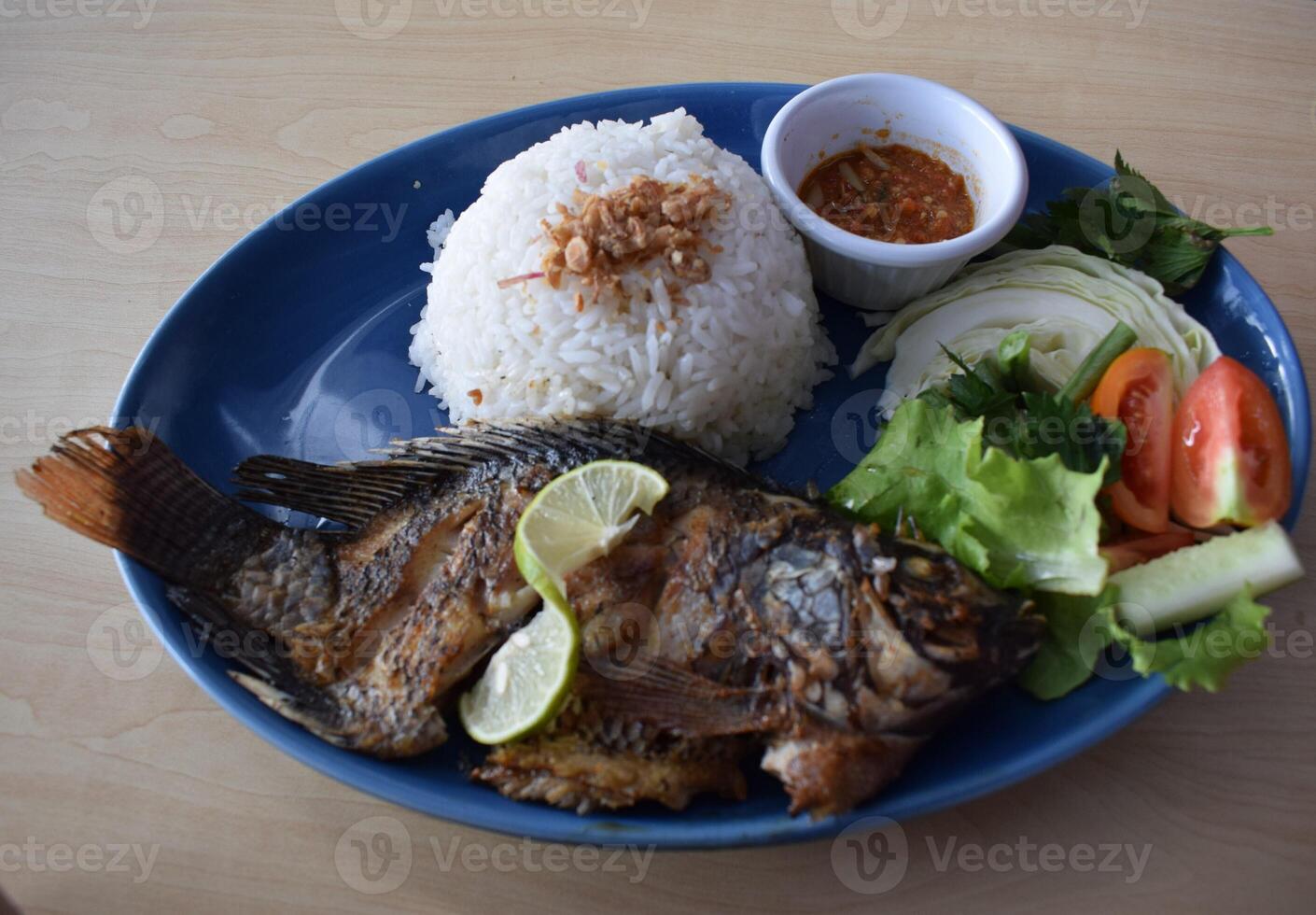 A plate of food with rice and vegetables photo