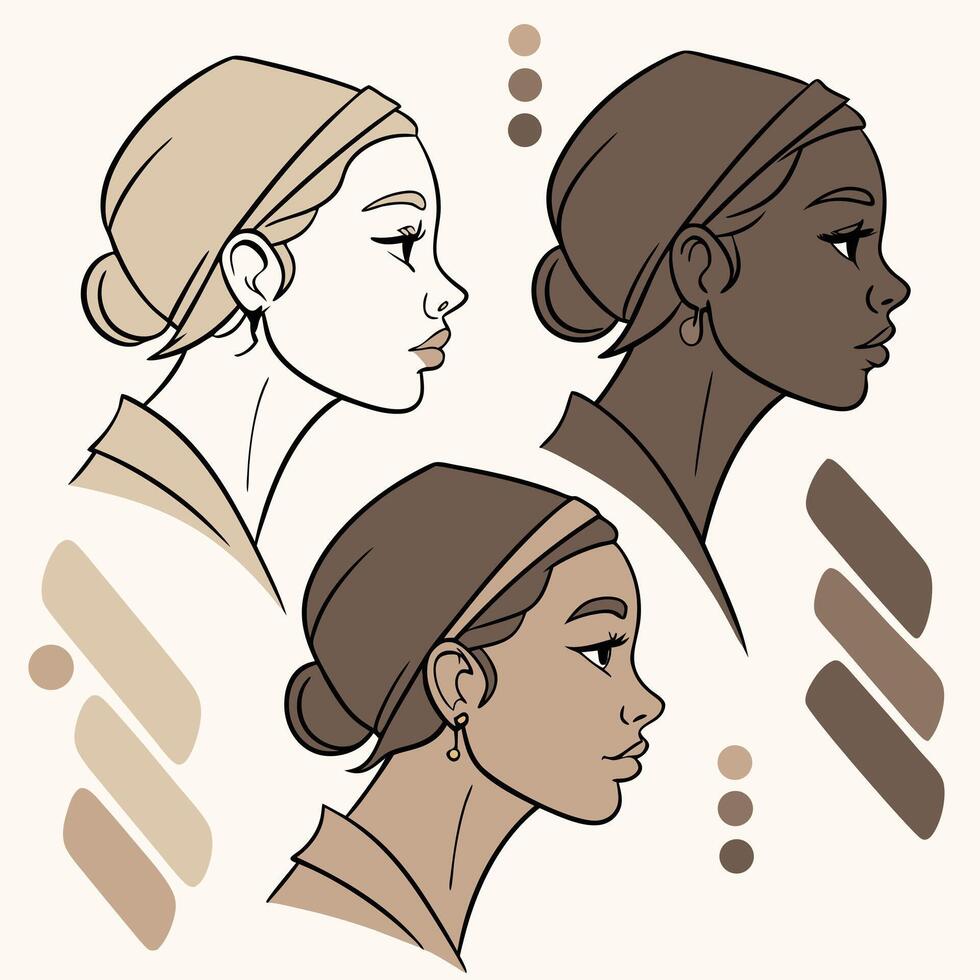 Serene Profile Portraits of Diverse Women in Headscarves A Peaceful and Elegant Line Art Illustration vector