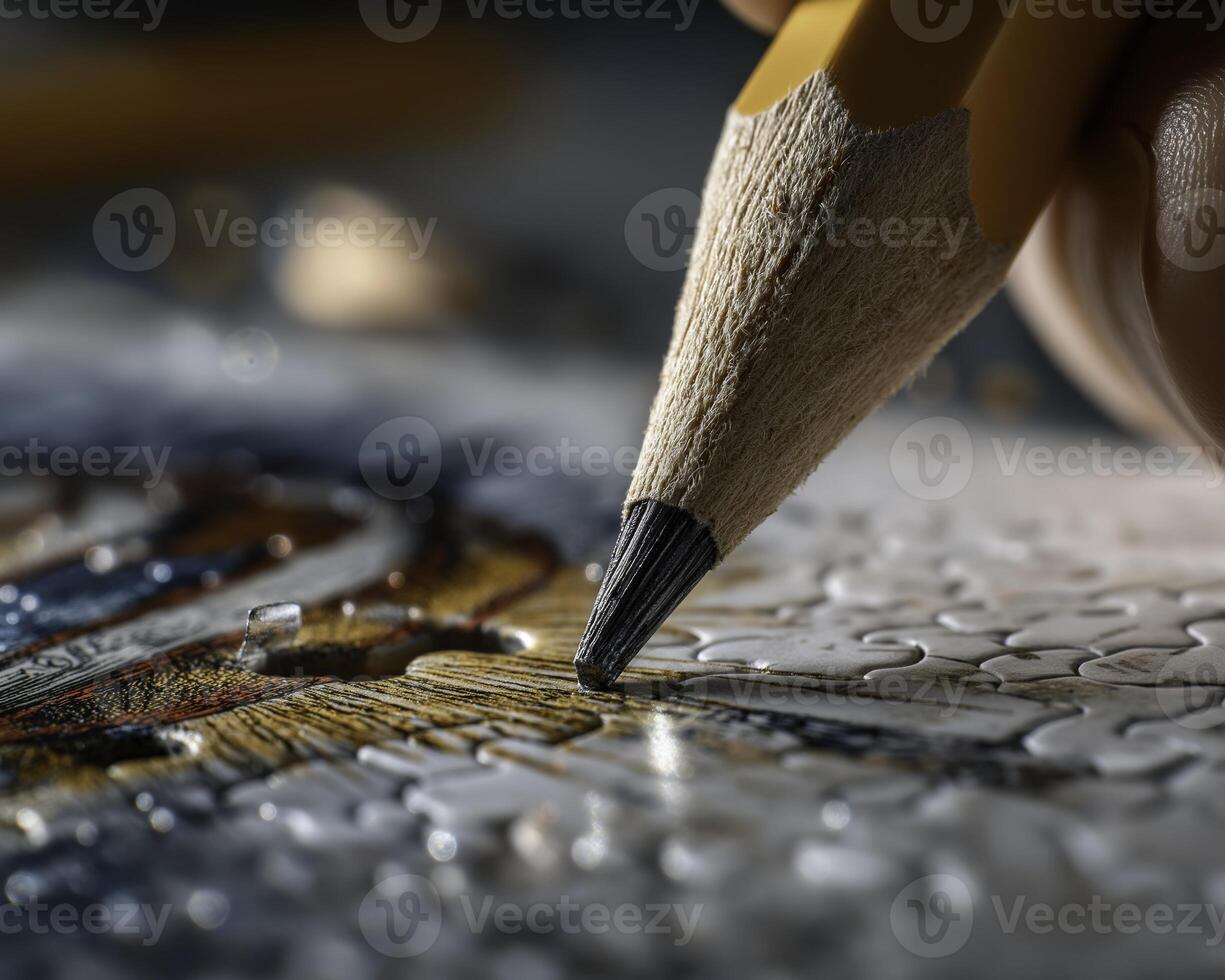 Close-up of a Hand Using a Pencil to Fill in a Detailed Puzzle with Bright Colors and Natural Lighting photo