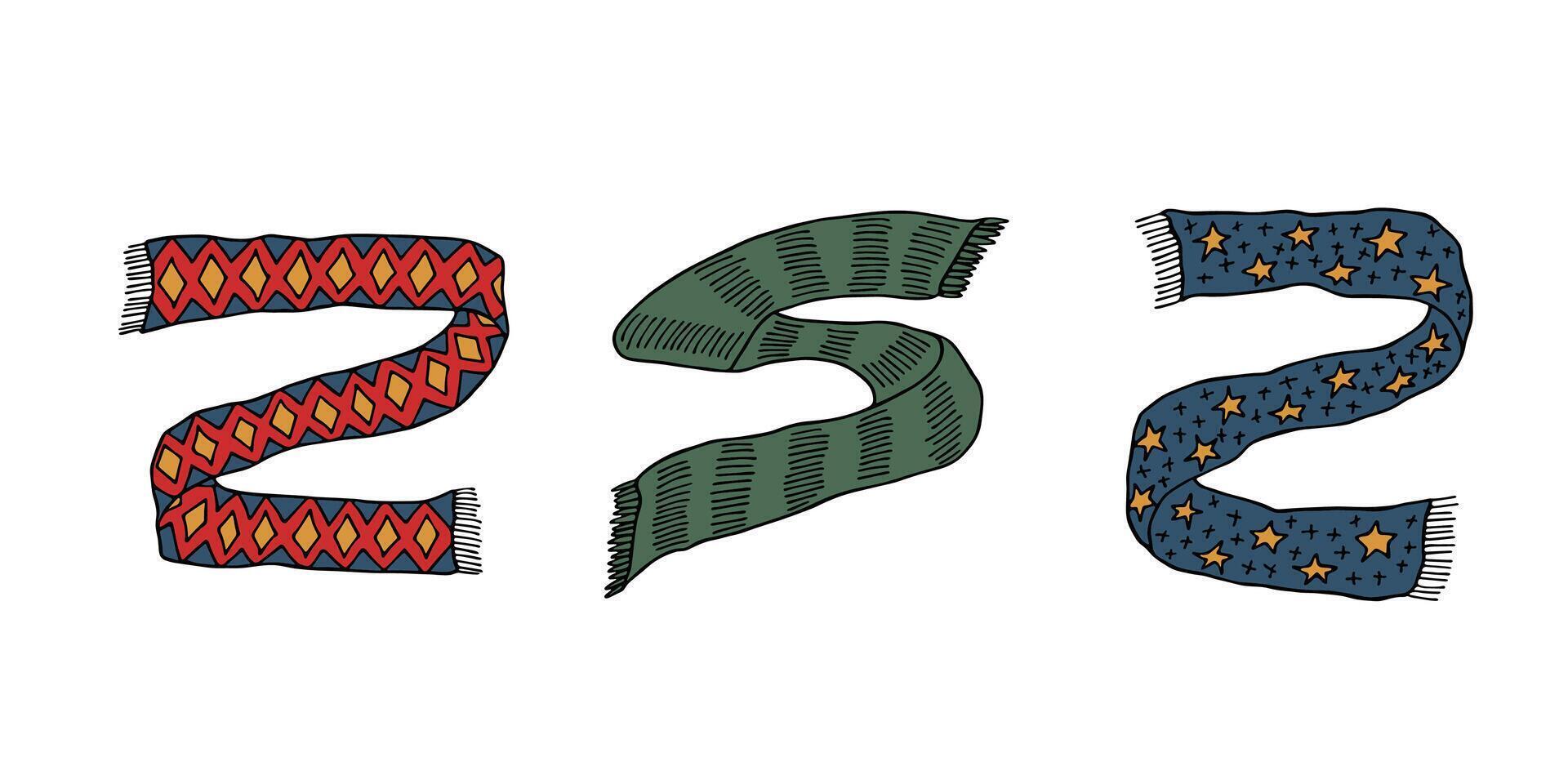 four Knitted scarf doodle set Hand drawn winter accessories Single design element for card, print, design, decor vector