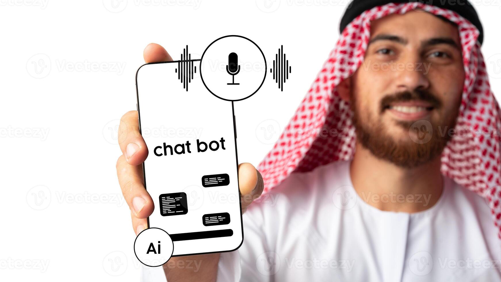 Man holding a smartphone displaying a chatbot interface with voice activation feature in a modern setting photo