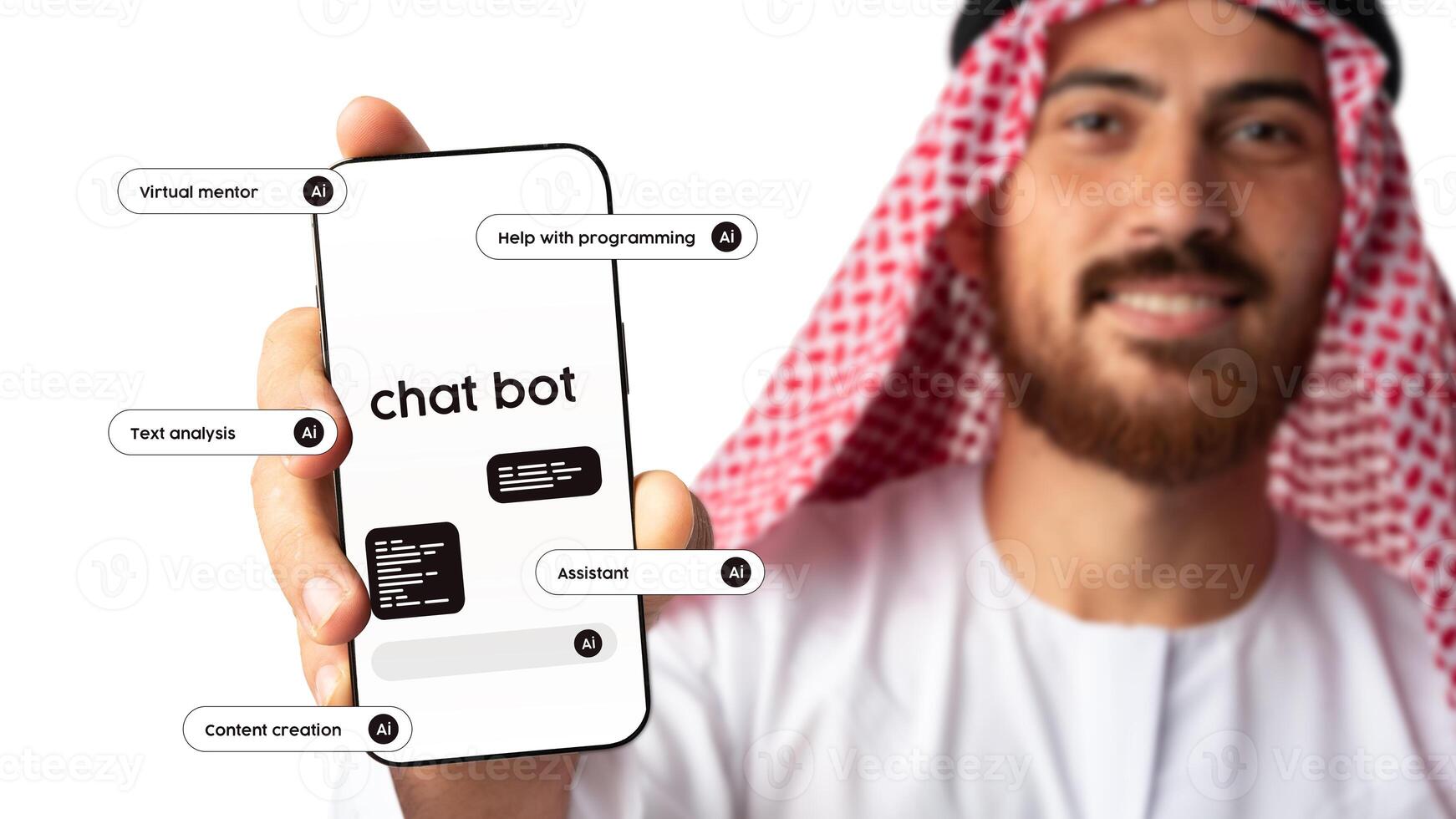 Man in traditional attire showcases mobile device featuring chatbot functionalities for various digital tasks photo