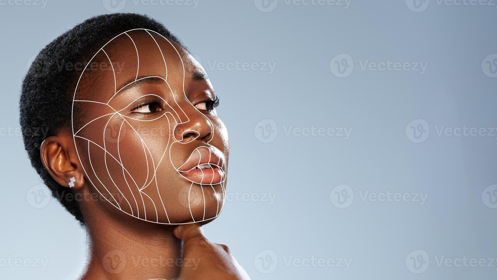Woman with stylish short hair poses against a soft blue background with abstract facial lines, showcasing beauty and creativity photo
